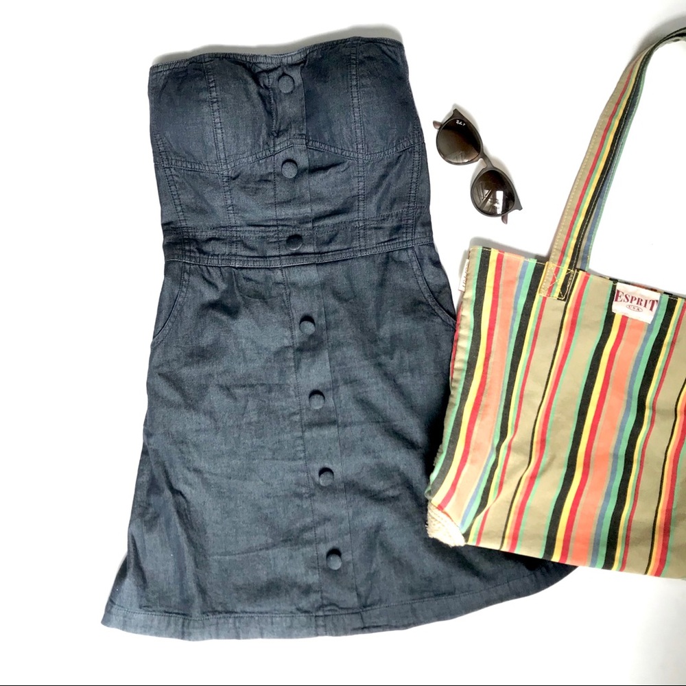 Denim Dress Mini Strapless with Button Front sz S - Picture 1 of 8